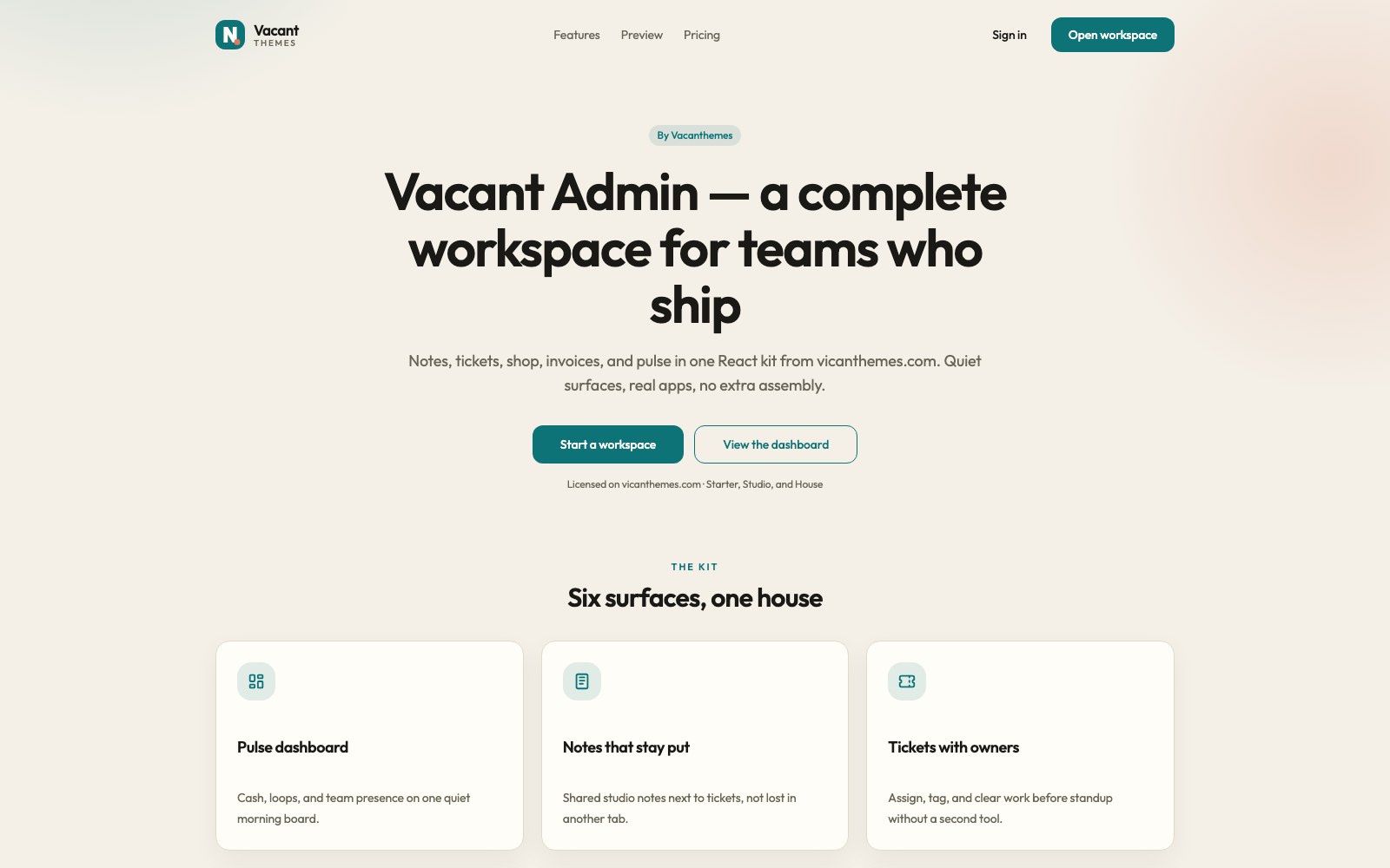 Vacant Admin landing page