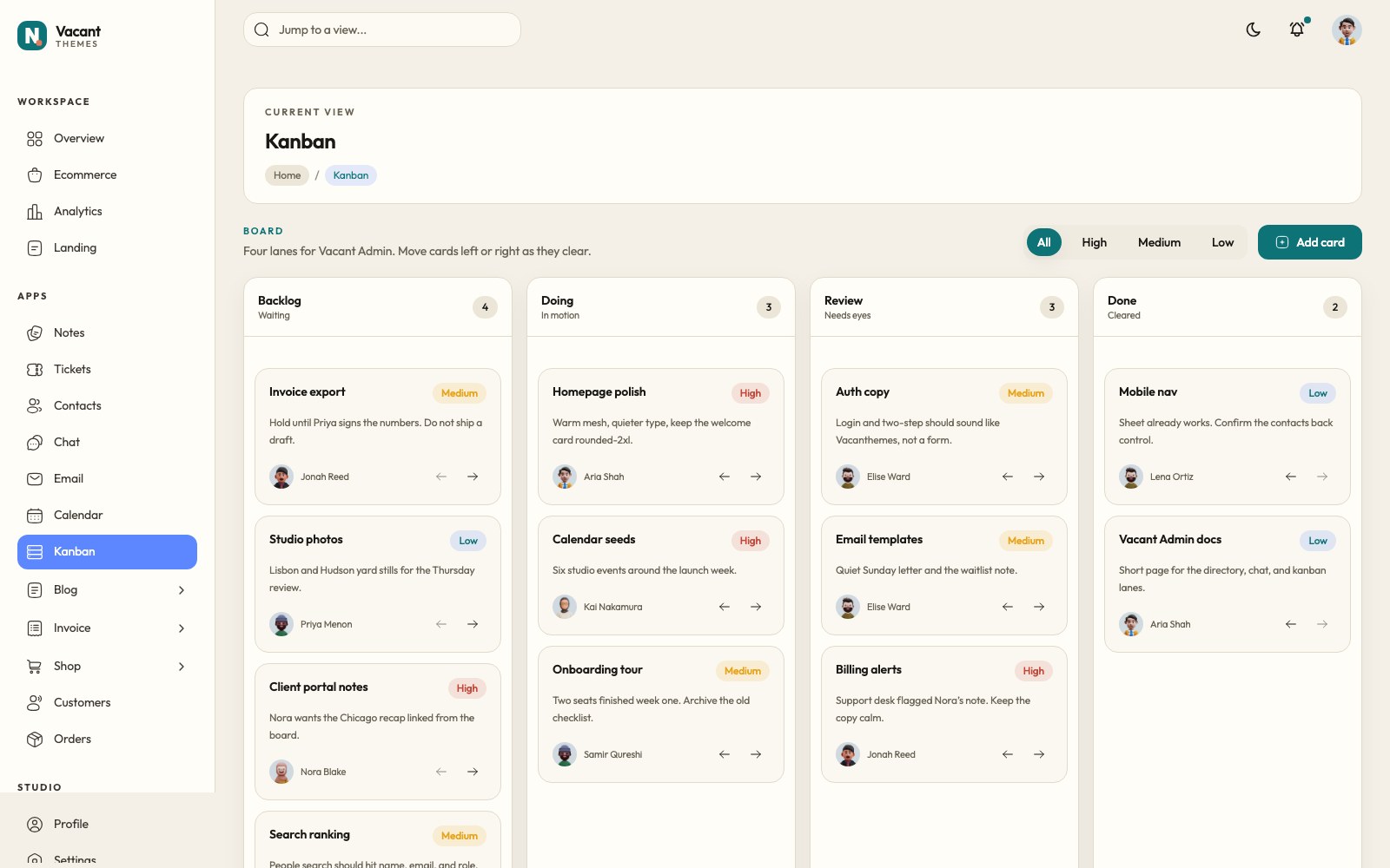 Vacant Admin kanban board