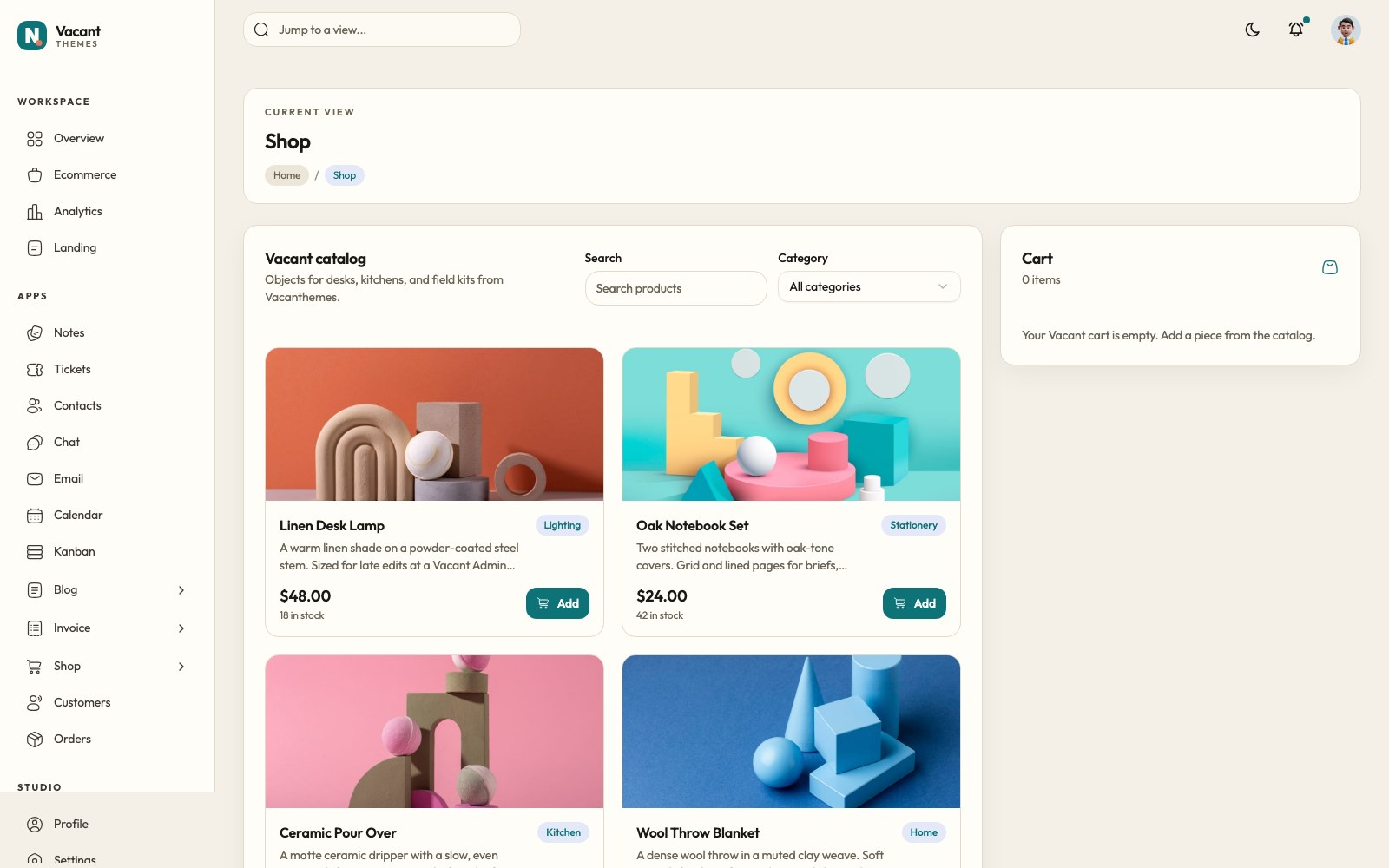 Vacant Admin shop catalog