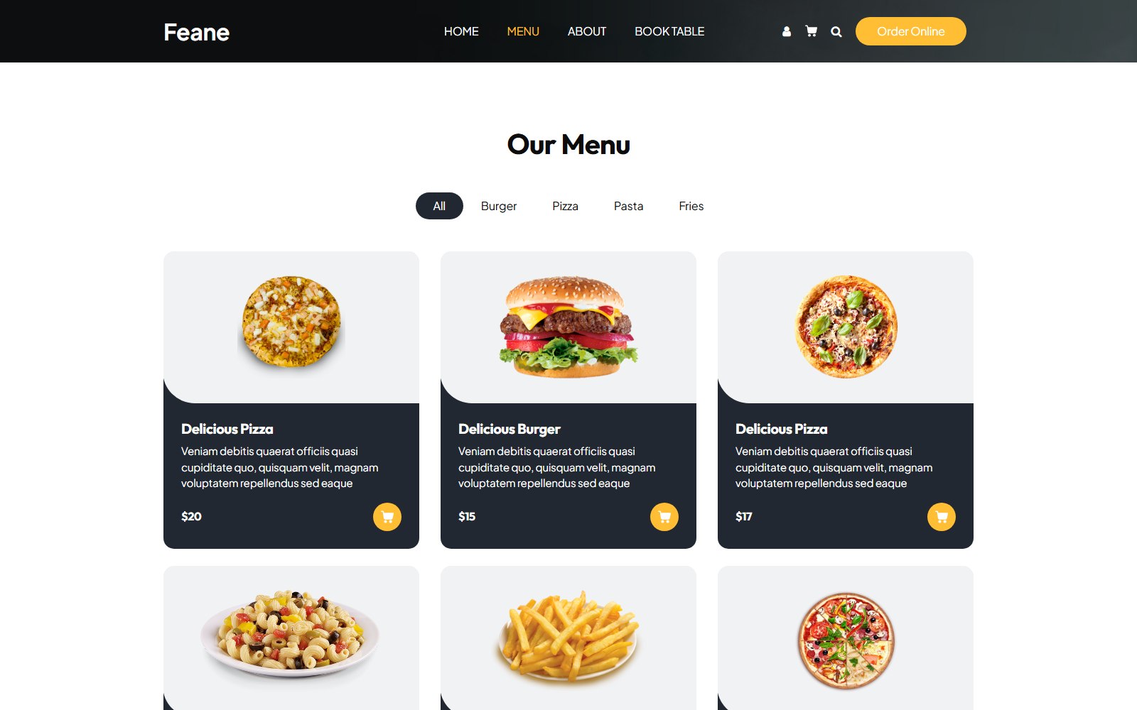 Feane - HTML Restaurant, Cafe & Bakery Theme menu screen