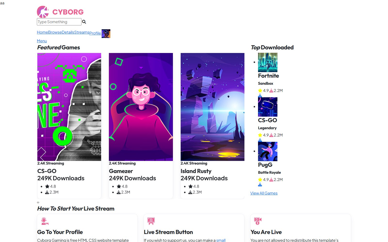 Cyborg - HTML Media, Gaming & Entertainment Theme browse screen