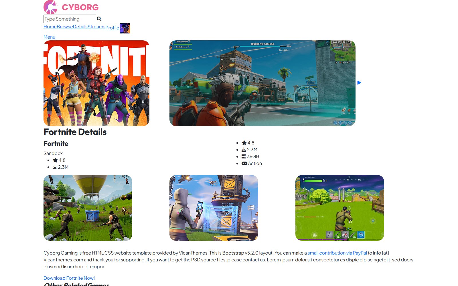 Cyborg - HTML Media, Gaming & Entertainment Theme details screen