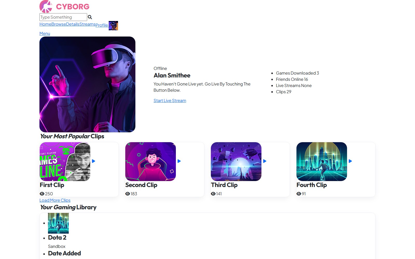 Cyborg - HTML Media, Gaming & Entertainment Theme profile screen