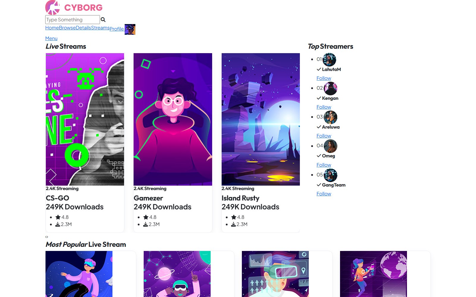 Cyborg - HTML Media, Gaming & Entertainment Theme streams screen