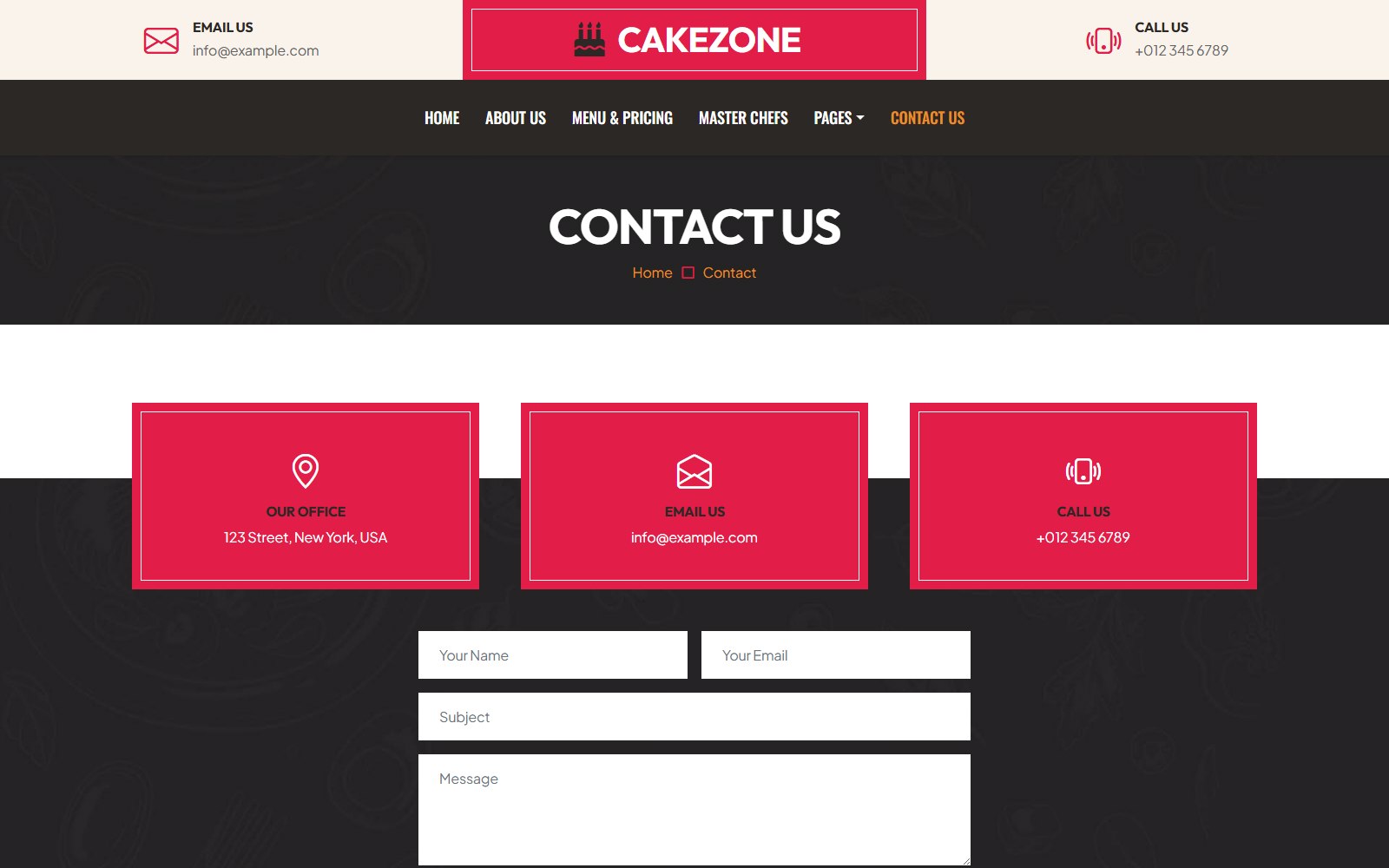 Cakezone - HTML Restaurant, Cafe & Bakery Theme contact screen