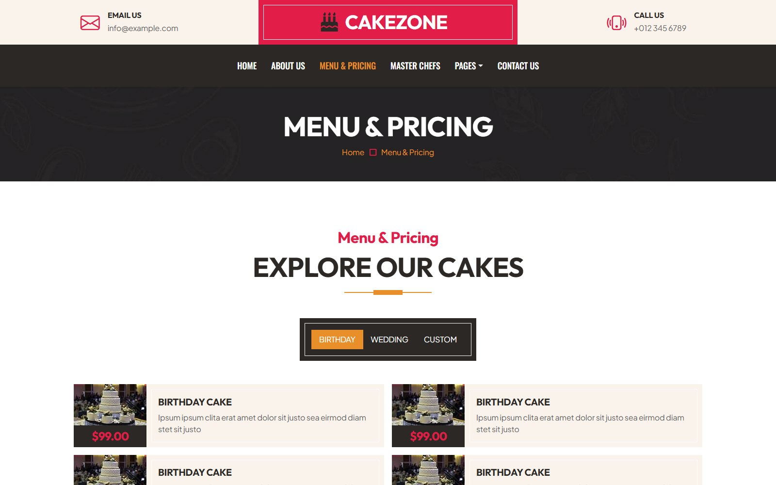 Cakezone - HTML Restaurant, Cafe & Bakery Theme menu screen
