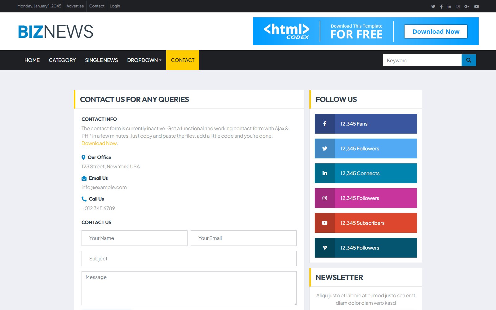 Biznews - HTML Corporate, SaaS & Agency Theme contact screen