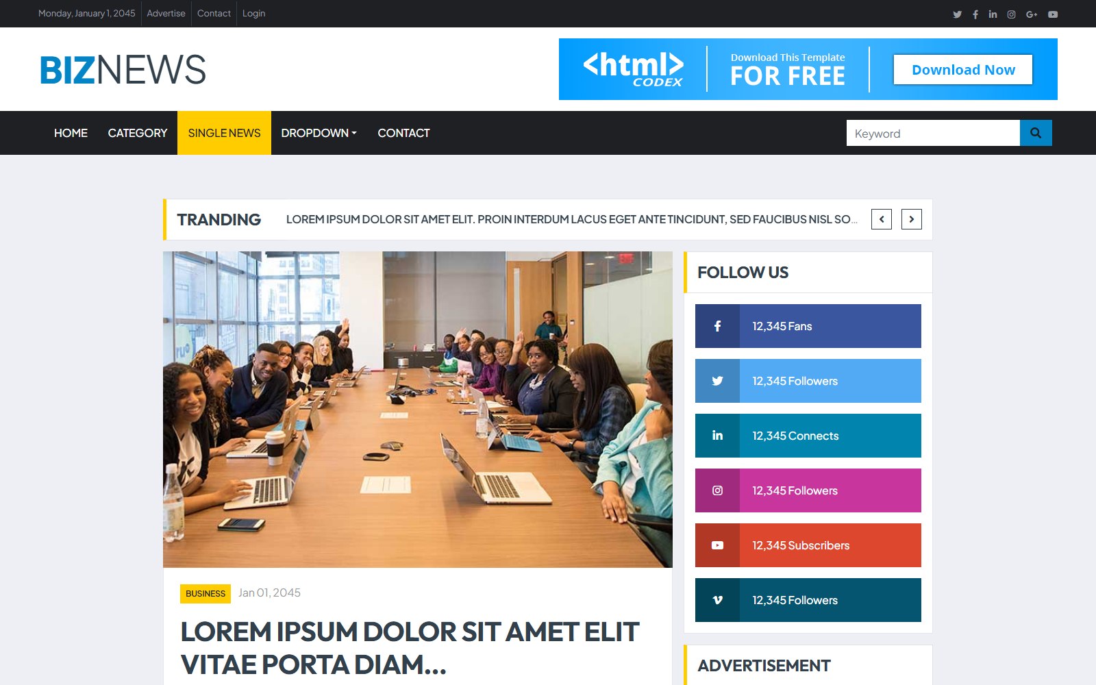 Biznews - HTML Corporate, SaaS & Agency Theme single screen