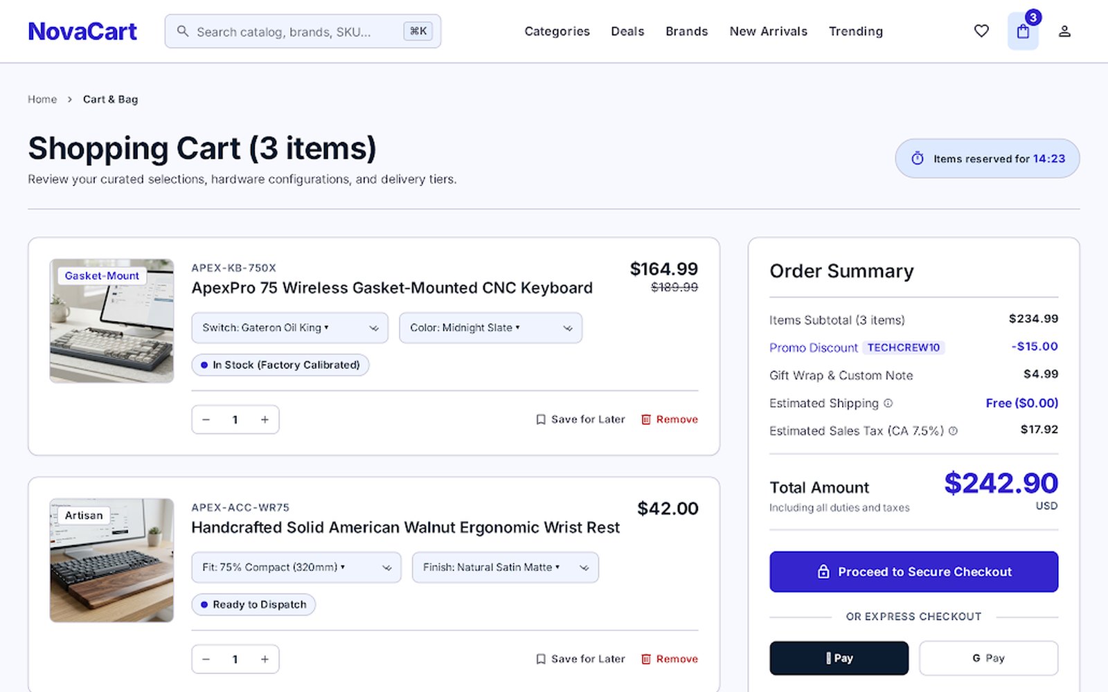 Novacart Full Shopping Cart View With Line Item Customization Order Summary