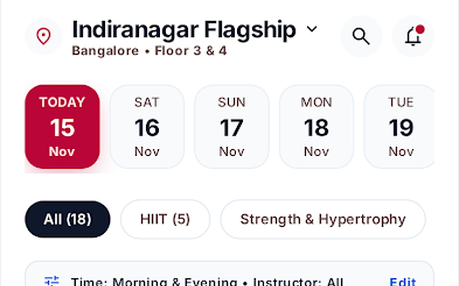 Fitpulse Mobile All Classes Master Schedule Screen
