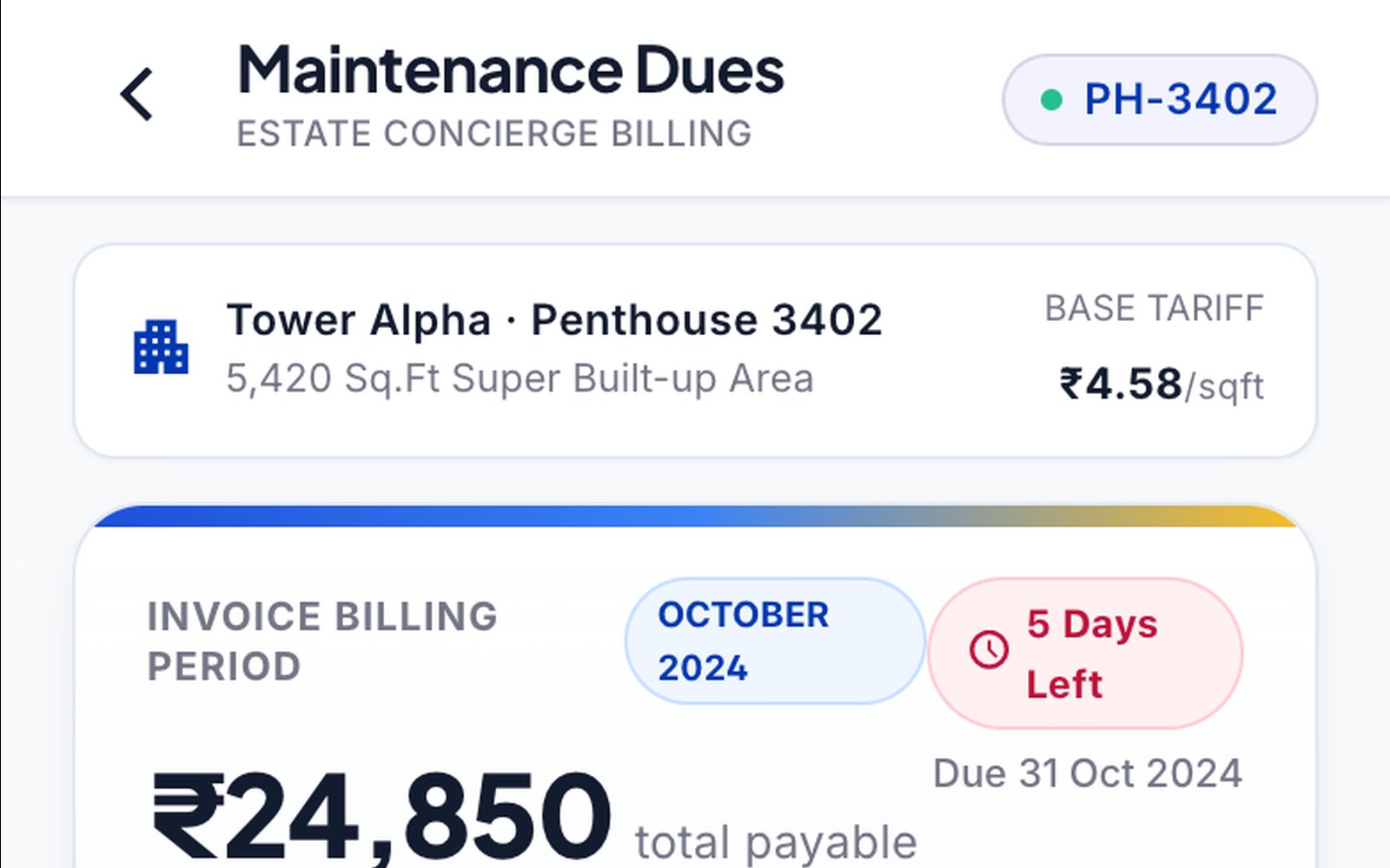 Resident Monthly Maintenance Bill Breakdown